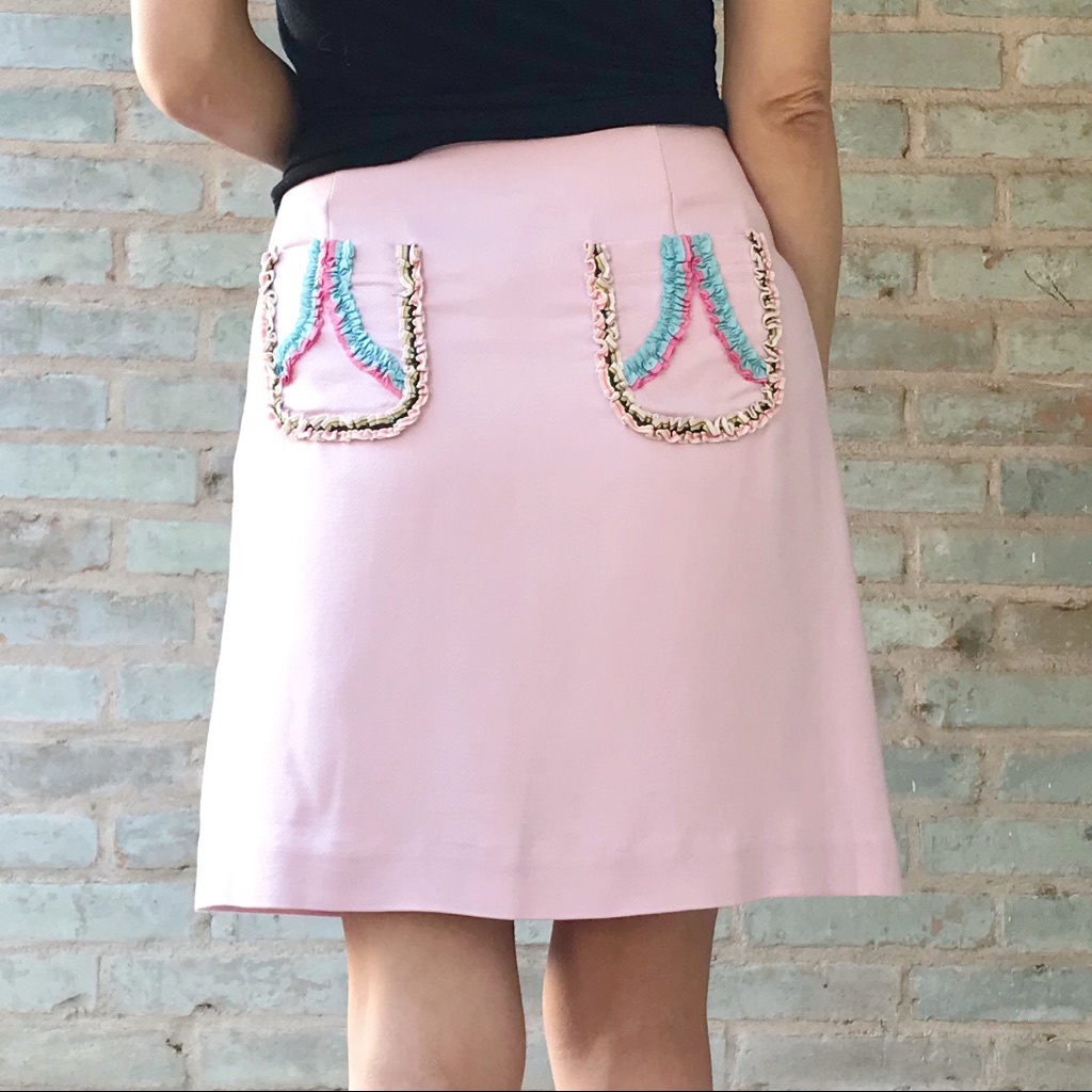 Vintage Cynthia Rowley 90s Pink Silk Straight Mini Skirt Embellished Pocket S